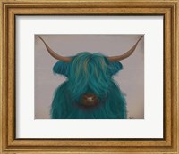Framed Highland Cow 3, Turquoise, Portrait