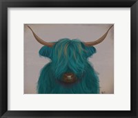 Framed Highland Cow 3, Turquoise, Portrait