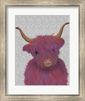 Framed Highland Cow 7, Pink And Purple, Portrait