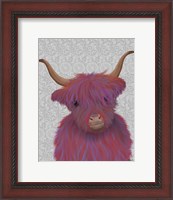 Framed Highland Cow 7, Pink And Purple, Portrait