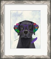 Framed Black Labrador and Flower Glasses