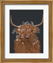 Framed Highland Cow 1, White Flowers