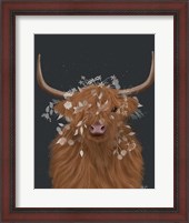 Framed Highland Cow 1, White Flowers