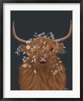 Framed Highland Cow 1, White Flowers