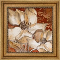 Framed 'Whispering Magnolia on Red I' border=