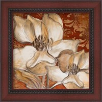 Framed 'Whispering Magnolia on Red I' border=