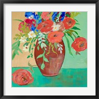 Framed Vase of Peach and Blue Roses