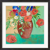 Framed Vase of Peach and Blue Roses