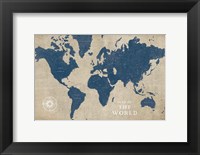 Framed Burlap World Map I Navy