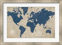 Framed Burlap World Map I Navy