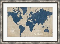 Framed Burlap World Map I Navy