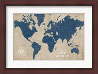 Framed Burlap World Map I Navy