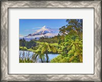 Framed Taranaki Mountain and Lake Mangamahoe, New Zealand