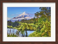 Framed Taranaki Mountain and Lake Mangamahoe, New Zealand