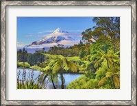 Framed Taranaki Mountain and Lake Mangamahoe, New Zealand