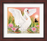 Framed Swan, Frog And Blackbird At Sunset