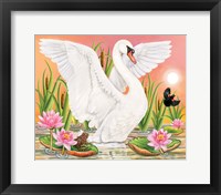 Framed Swan, Frog And Blackbird At Sunset
