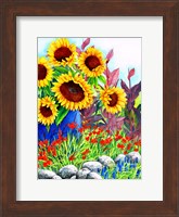 Framed Sunflowers in Blue Vase