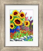 Framed Sunflowers in Blue Vase