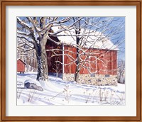 Framed Red Barn in Winter