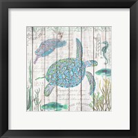 Framed 'Sea Turtles on Driftwood Panel' border=