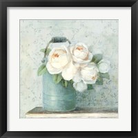 Framed 'June Roses I White Blue Crop' border=