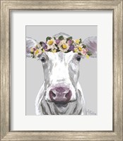 Framed Cow Mabel With Flowers On Gray