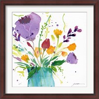 Framed Teal Vase With Bright Flowers