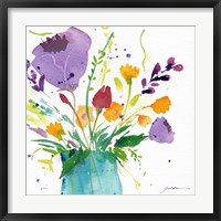Framed Teal Vase With Bright Flowers