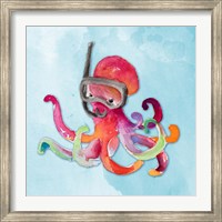 Framed Snorkeling Octopus on Watercolor