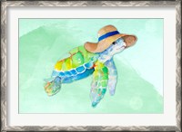 Framed Turtle With Hat on Watercolor (blue)