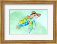 Framed Turtle With Hat on Watercolor (blue)