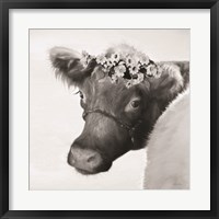 Framed Brown Cow with Flowers