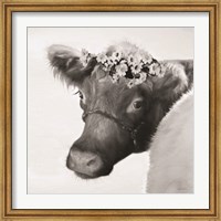 Framed Brown Cow with Flowers