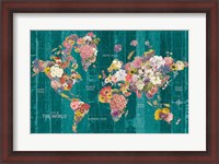 Framed Botanical Floral Map Words Aqua