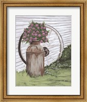 Framed Rusted Milk Can with Wagon Wheel
