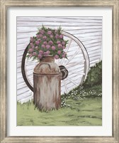 Framed Rusted Milk Can with Wagon Wheel