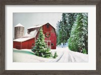 Framed Winter Pines Red Barn