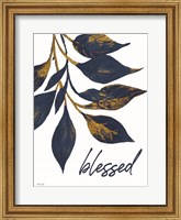 Framed Blessed Navy Gold Leaves
