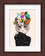Framed Cat With Flowers and Finch