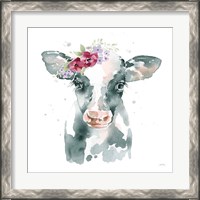 Framed 'Floral Cow Pink Sq' border=