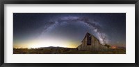 Framed Milky Way panorama over old barn