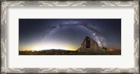 Framed Milky Way panorama over old barn