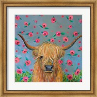 Framed Highland Cow with Flowers