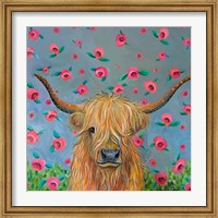 Framed Highland Cow with Flowers