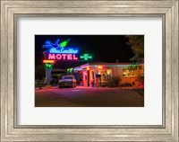 Framed Neon Blue Swallow Motel