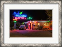 Framed Neon Blue Swallow Motel