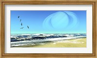Framed Flock of Seagulls Fly Over Ocean Waves With Saturn Planet in the Sky