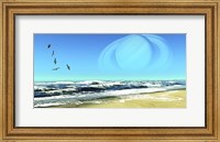 Framed Flock of Seagulls Fly Over Ocean Waves With Saturn Planet in the Sky