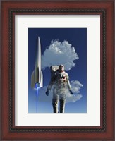 Framed Human Astronaut in Front of a Rocketship Taking Off